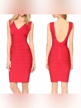 NWOT Herve Leger Karima Open Back Bandage Dress in Coral Poppy